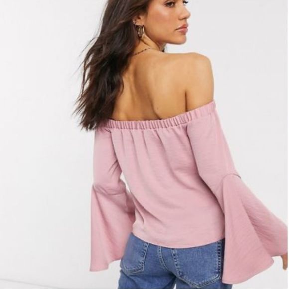 ASOS Off Shoulder Drape Faux Wrap Bell Sleeve Top Dusty Pink Size 0 - Picture 4 of 9